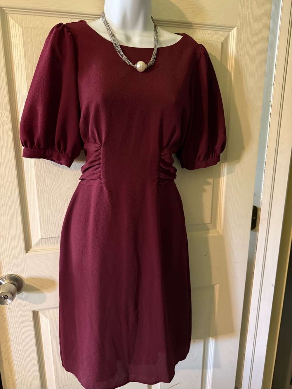 Express Burgundy Puff-Sleeve Midi Dress
